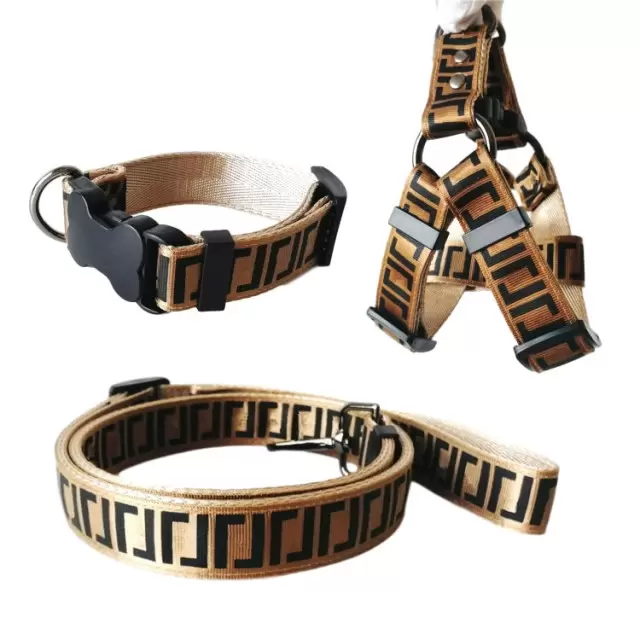 

FF Luxury Dog Collars Leashes Set Designer Dog Leash Seat Belts Pet Collar and Pets Chain with for  Medium Large Dogs Cat Chihuahua Poodle Pug Brown B34