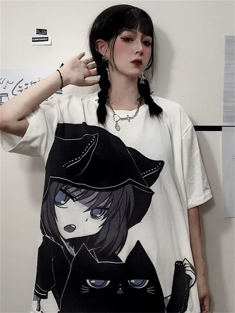 anime girl image print women tops tshirts Korean style t-shirts summer sweet fashion t shirts preppy couple clothes o-neck tee 220321