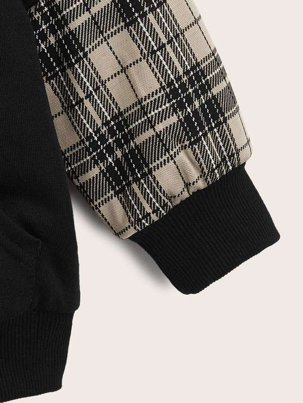 Toddler Boys Zip Up Colorblock Plaid Kangaroo Pocket Hoodie SHE