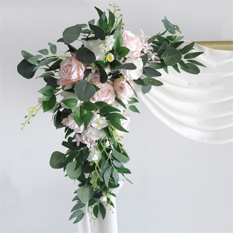 2pcs Pink Artificial Wedding Flowers Arch Props Welcome Card Sign Garland Decor Hanging Flower Row Backdrop Wall Window Arrange 220406
