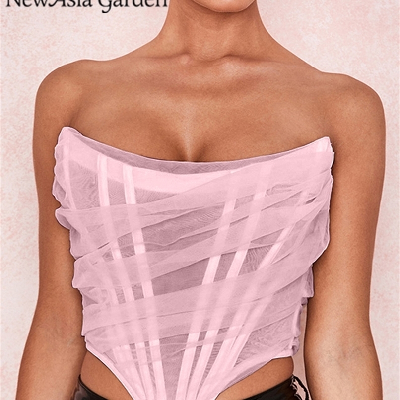 Asia Boning Mesh Corset Tops Women Slash Neck Backless Ruched Sexy Summer Crop Pink Strapless Tank Lavender Cropped 220316
