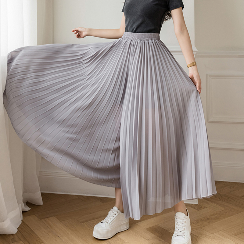 Women Summer Autumn Pleated Loose Pants Fashion Female Chiffon Elastic Waist Skirt Black Blue Wide Leg Femme 220325