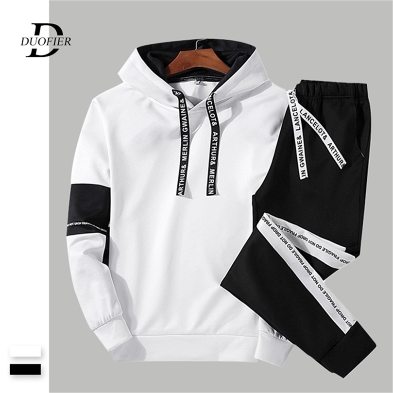 Men Casual Set Hooded Solid Patchwork Autumn Men's Sportswear HoodiesPants 2PCS Sets Hip Hop Street Loose Tracksuits 201210