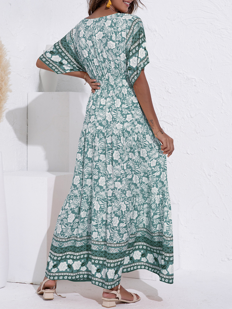 ATUENDO Summer Bohemian Dress for Women Fashion Solid Green Maxi Robe Casual Wedding Guest High Waist Dresses Drop Link 220510