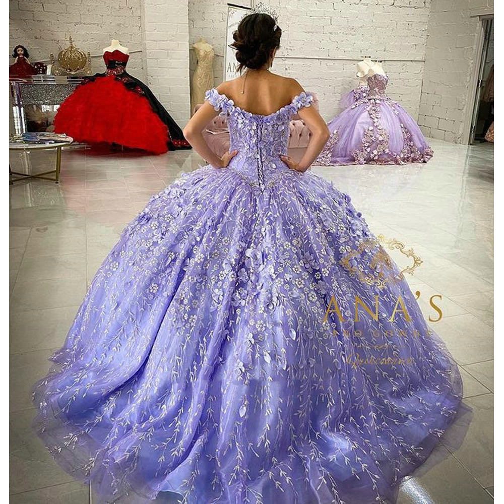 Lilac Lavender 3D Floral Quinceanera Dresses with cape Crystal Floral Lace-up corset Off Shoulder prom Party Sweet 16 Dress