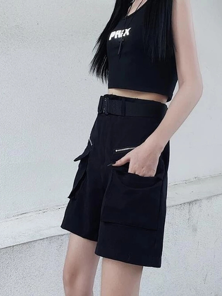 QWEEK Techwear Gothic Black Cargo Pant Streetwear Hollow Out Punk Wide Leg Oversize Pockets Trousers For Female Hip Hop 220325