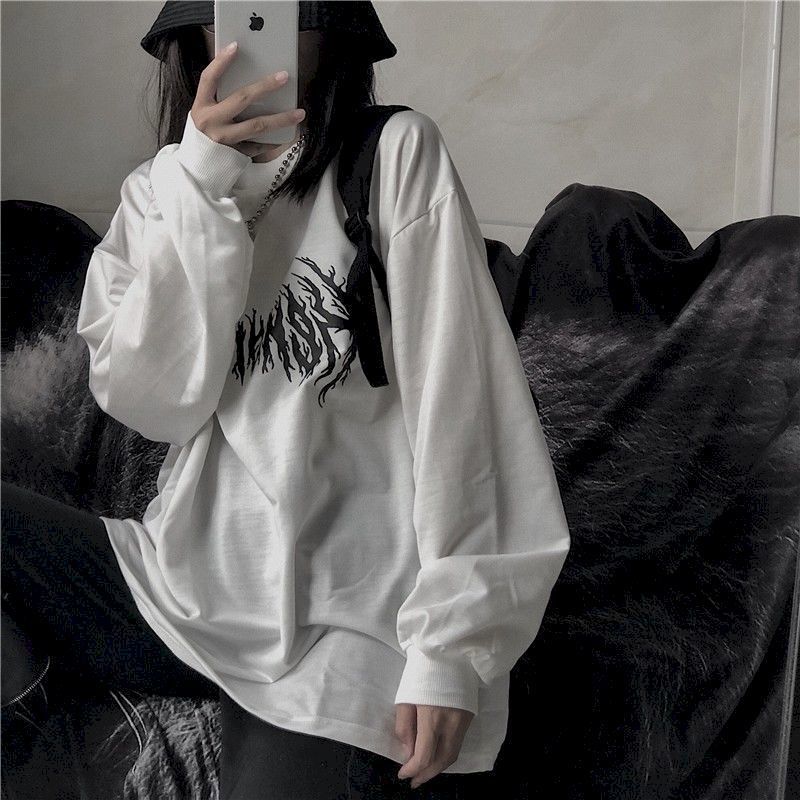 Goth Bottoming Shirt Equipped With Men Women Autumn Korean Vintage Printing Loose Bf O-neck Long-sleeved T-shirt White Top 220321