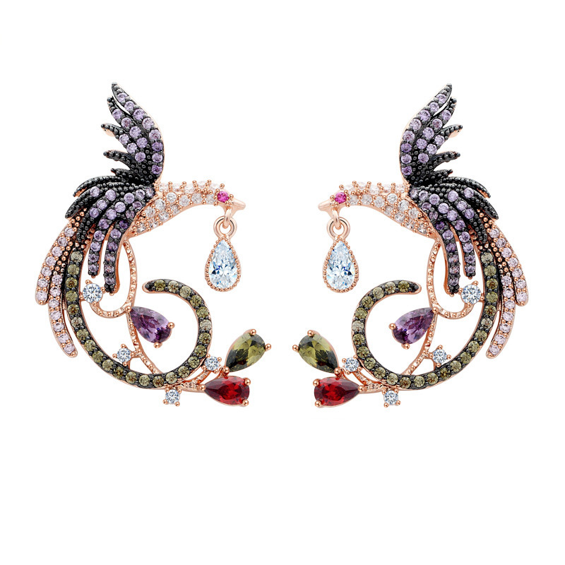 Bling Colorful Zircon Chinese Phoenix Dangle Drop Earrings Wedding Earrings for Women Gril Gift