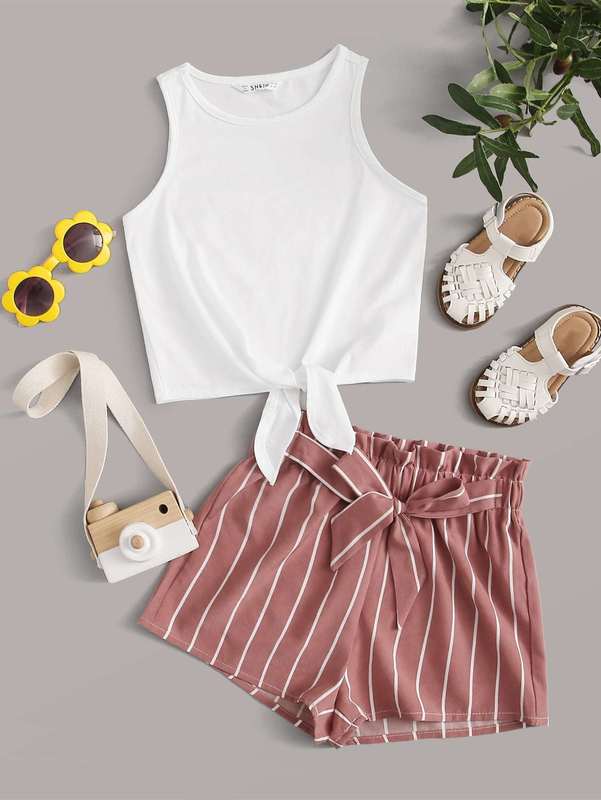 Girls Tie Hem Tank Top & Paperbag Waist Knot Detail Striped Shorts Set SHE