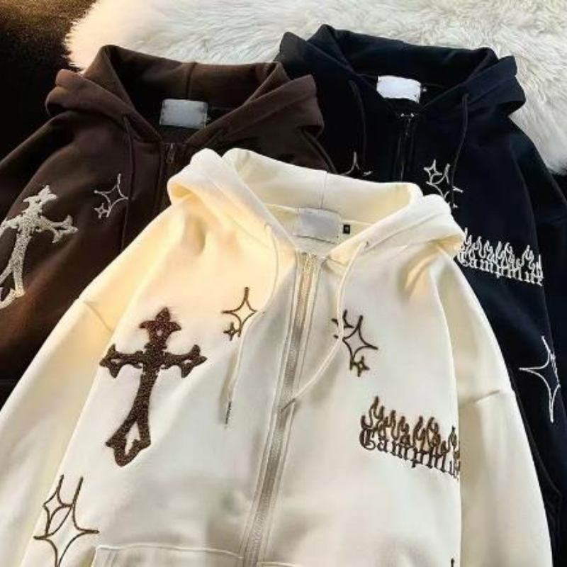 American Retro Gothic Embroidered Cardigan Hoodies Women Y2K Street Trend Thickened Sweatshirts Couple Wild Zipper Hoodie Coats 220816