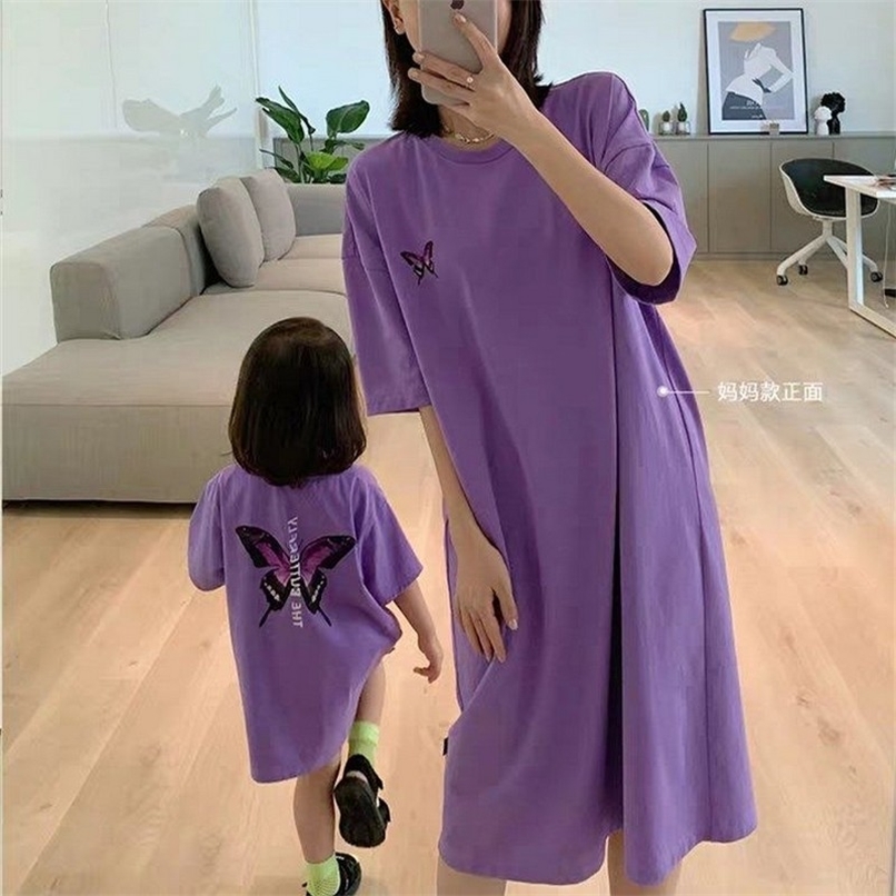 Parent child Short sleeved T shirt Skirt Mother And Women Summer Purple Dress Mom Baby 220614