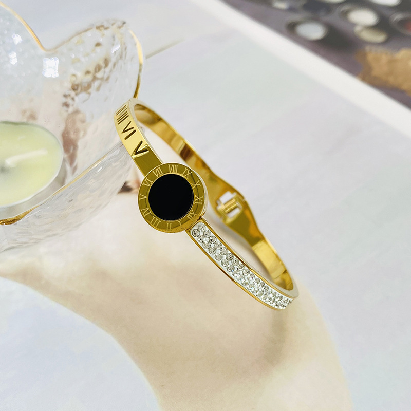 Half Diamond Insert Bangle Hollowed Roman Numerals Bracelet