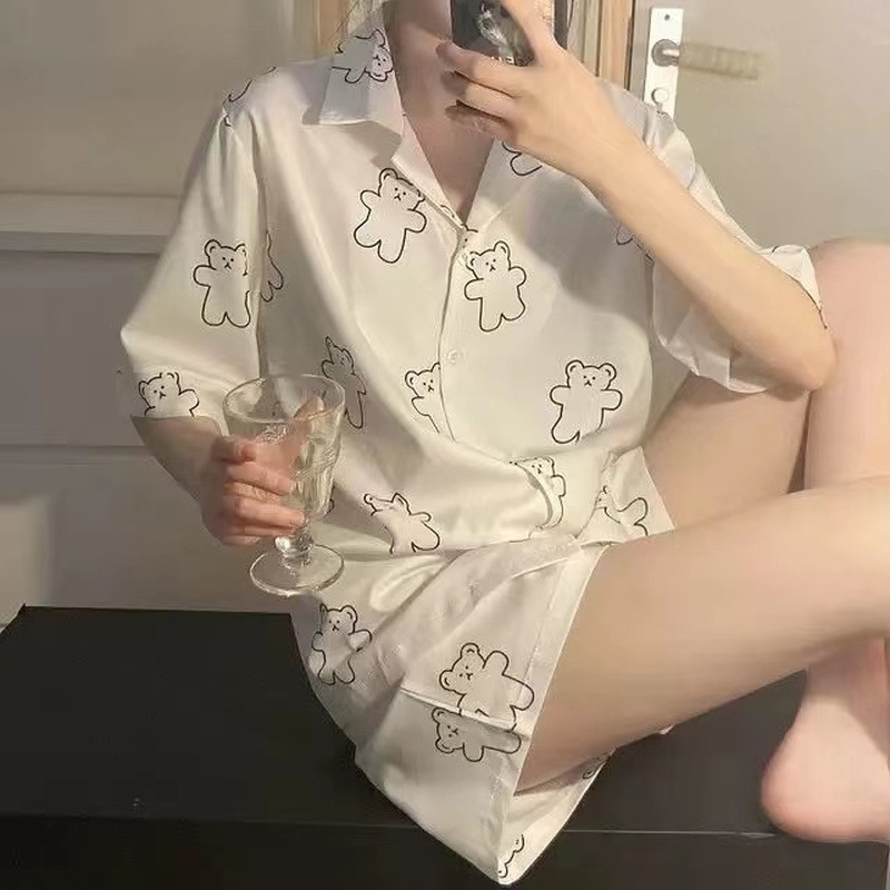 QWEEK Korean Style Bear Print Pyjamas Women Clothing Sets Summer Plus Size Pajamas for Teen Girls Kawaii Pijamas Sleepwear 220329