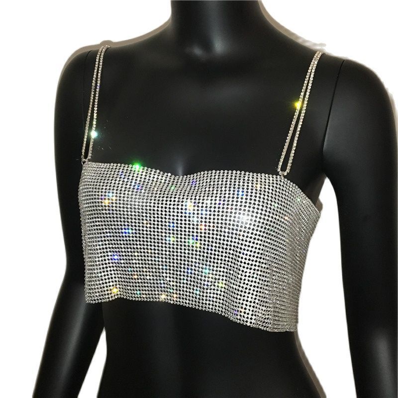 Summer Shiny Crystal Chain Tank Top Silver Halter Metallic Strap Crop Tops Vest Party Clubwear Outfits 220325