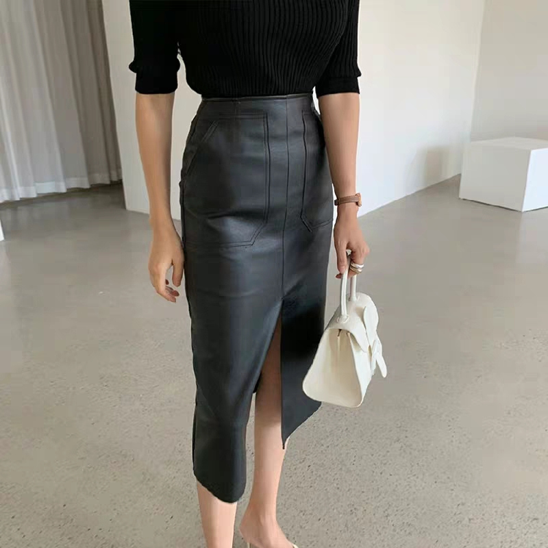 Slim Straight Faux Leather Skirts Women Spring Package Hip Long PU Jupe Chic Split Designed Fashion Solid Mujer Faldas 220317