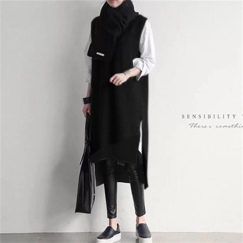 Korean INS wind sweater vest short front and back long vest skirt knitted V-neck thickened mid-length sweater skirt 201203