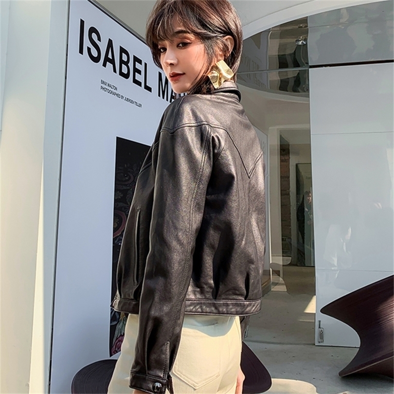 FTLZZ Spring Women Leather Jacket Lapel Zipper Short Pu Jacket Lady Slim Black Long Sleeve Biker Jacket Coat 220815