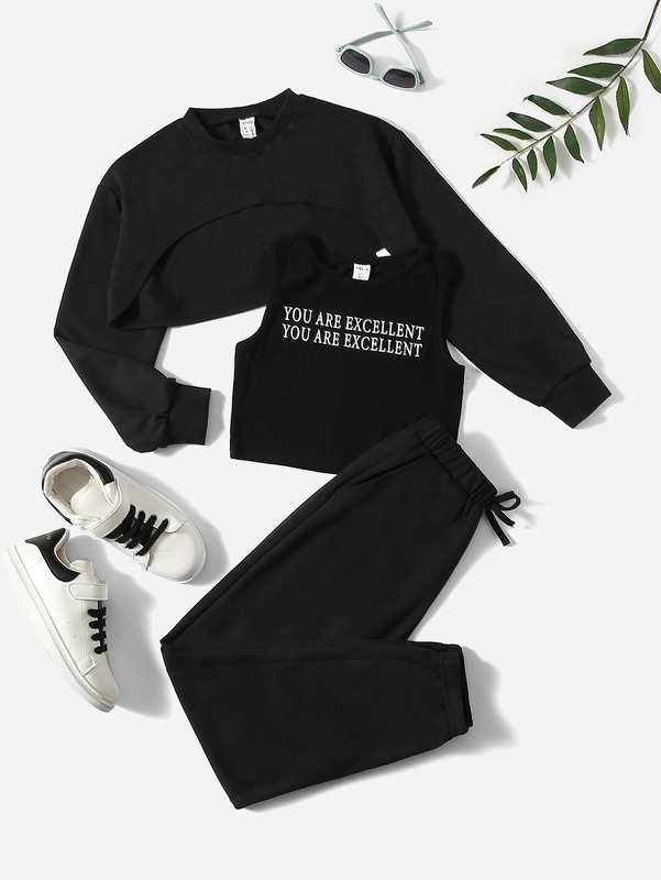 Girls High Low Hem Tee & Slogan Graphic Tank Top And Sweatpants SHE