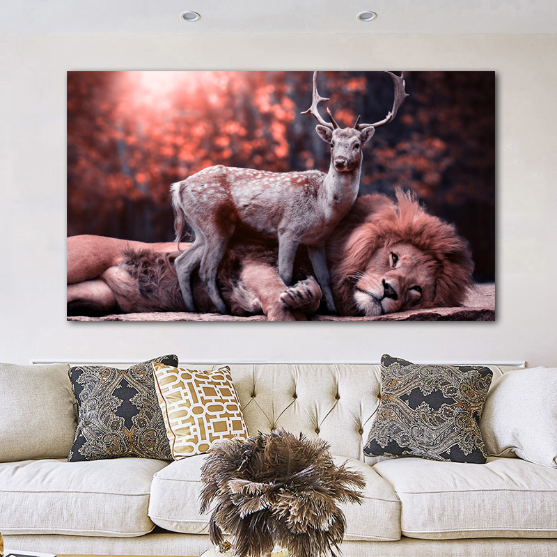 Nordic Poster Black And White Lion Deer Pictures Animal Lying Ground Canvas Painting Wall Art For Living Room Posters And Prints