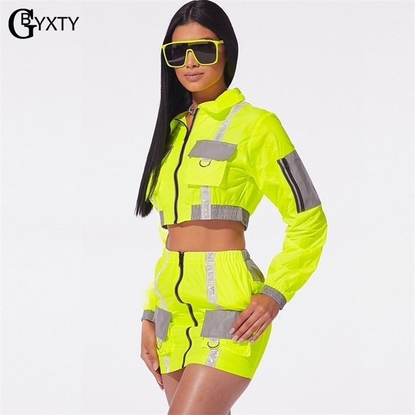 GBYXTY Neon Green Two Piece Skirt Set Fashion Reflective Set Women Autumn Long Sleeve Jacket and Skirt 2 Piece Set Outfits ZL390 T200325