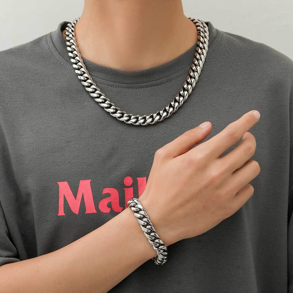 Cuban Link Chain Necklace Bracelet Jewelry 18K Real Gold Plated Stainless Steel Miami Necklace with Design Spring Buckle