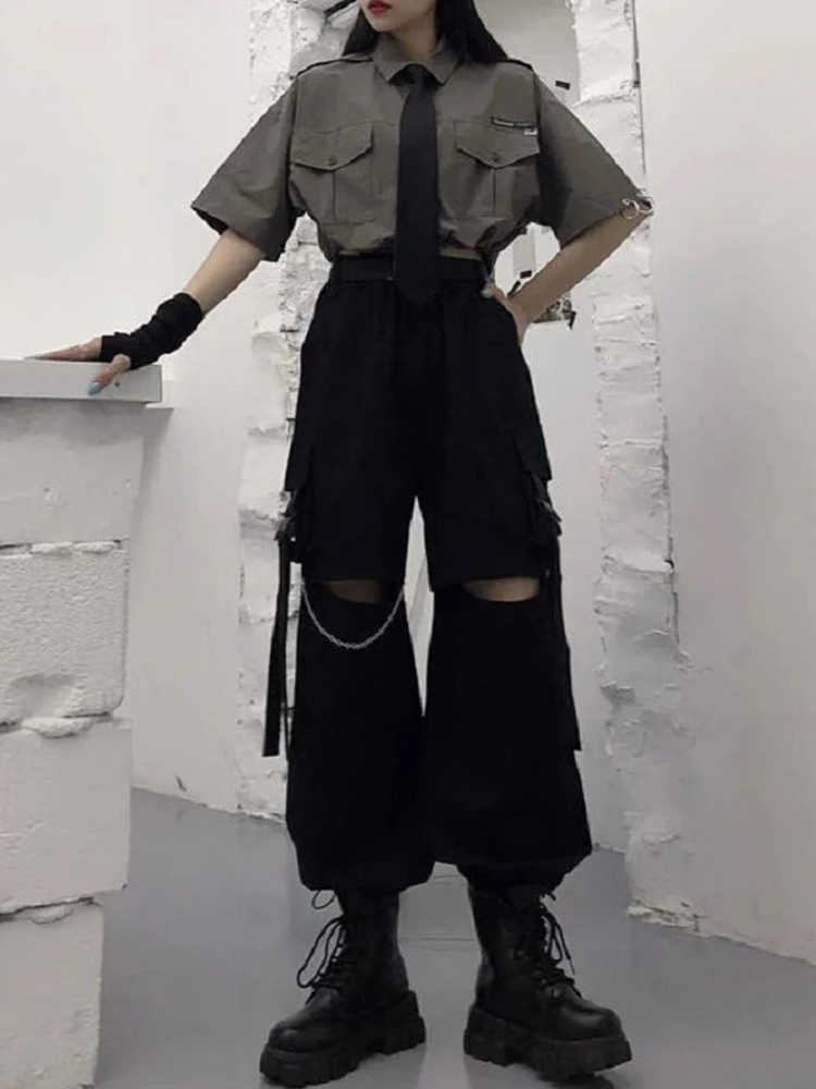 HOUZHOU Gothic Streetwear Women's Cargo Pants with Chain Punk Techwear Black Oversize Korean Fashion Wide Leg Trousers Alt 220325