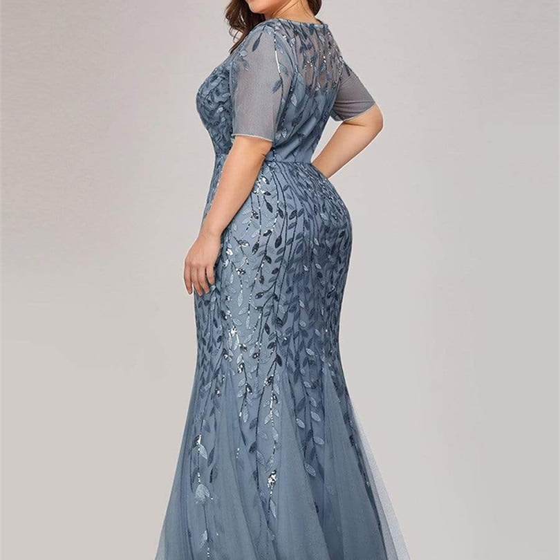 Plus Size Sequin Mesh Mermaid Slim Evening Dress Beaded Leaves Pattern Formal Women Elegant Party Prom Gowns Short Sleeve 220601