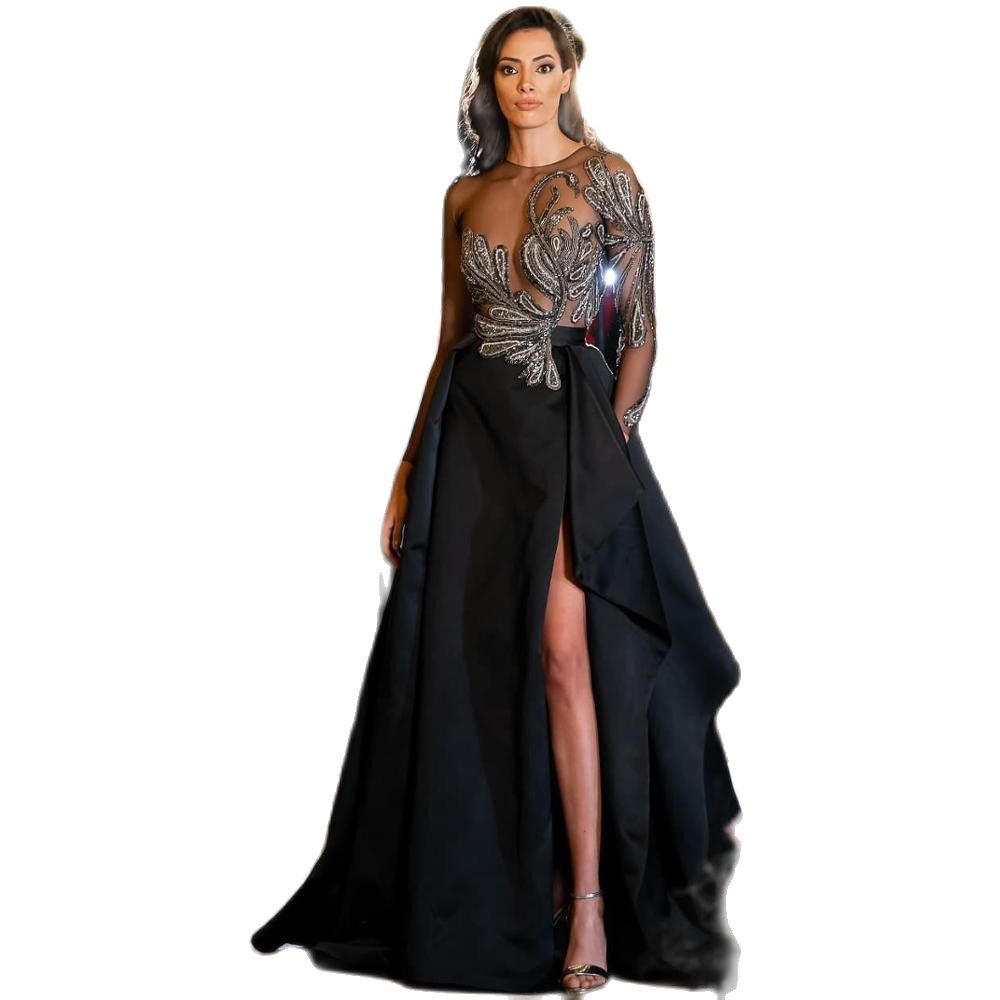 A-line Black Elegant Prom Dresses V Neck Sexy Long Sleeves Hollow Sequins Appliques Lace High Side Slit Lace Plus Size Formal Party Gowns Custom Made