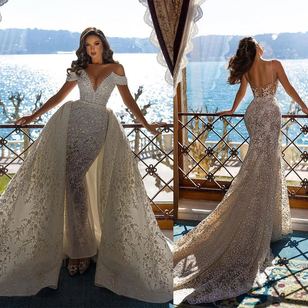 Junoesque Wedding Dresse sleeveless Backless Applique Beads Mermaid Detachable Sweep Train Lace Wedding Dress Custom Made Pearl Vestidos De Novia