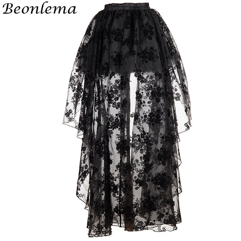 Beonlema Long Skirt Women Gothic Maxi Jupe Sexy Black s Mesh Goth Tutu Ladies Party Halloween Clothing S-2XL 220317