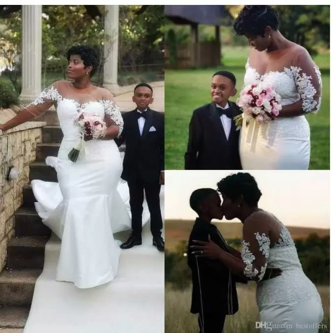 Sleeves Gorgeous Half Mermaid Wedding Dresses Bridal Gown Lace Applique Tulle Jewel Neckline Sweep Train Custom Made Vestido De Novia