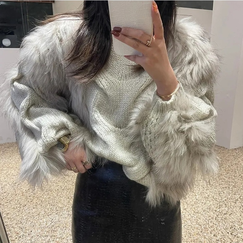 Womens Winter Sweaters Chic Patchwork Fur Coat Top Pull Femme Korean Fashion Knit Pullovers Tops Loose Temperament Jumper 2024