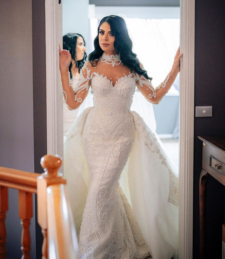 3D Floral Mermaid Wedding Dress 2022 Long Sleeve Sheer High Neck Sexy Backless Boho Dresses Bridal Gowns Robe De Mariage Vestido Novia