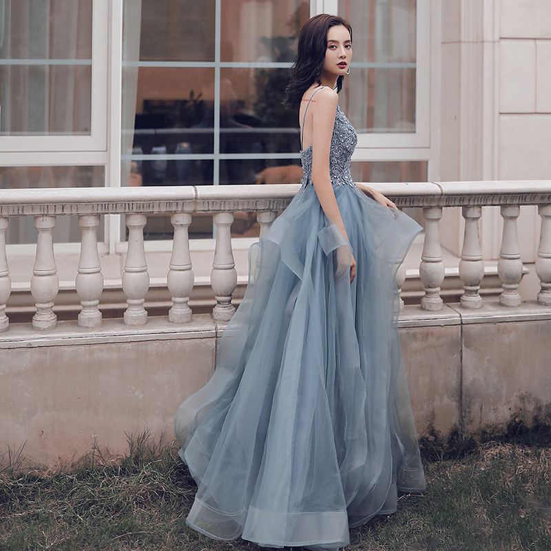 Dusty Blue Sexy Long Evening Dress 2022 With Lace Spaghetti Straps A Line Tulle Ruffles Backless Ceremony Prom Dresses Formal Party Gowns Vestidos De 