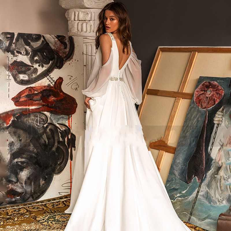 Sexy Cold Shoulder Wedding Dress Chiffon Bead High Split 2022 Puff Sleeve Bridal Gowns Floor Length Custom Made Made Robe Mariage