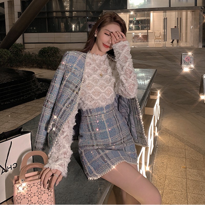 Runway Fall Winter Beaded Diamonds Plaid Woolen Female Tweed Jacket Coat Elegant Skirt Women Clothes 2 Pieces Set Suit 220817