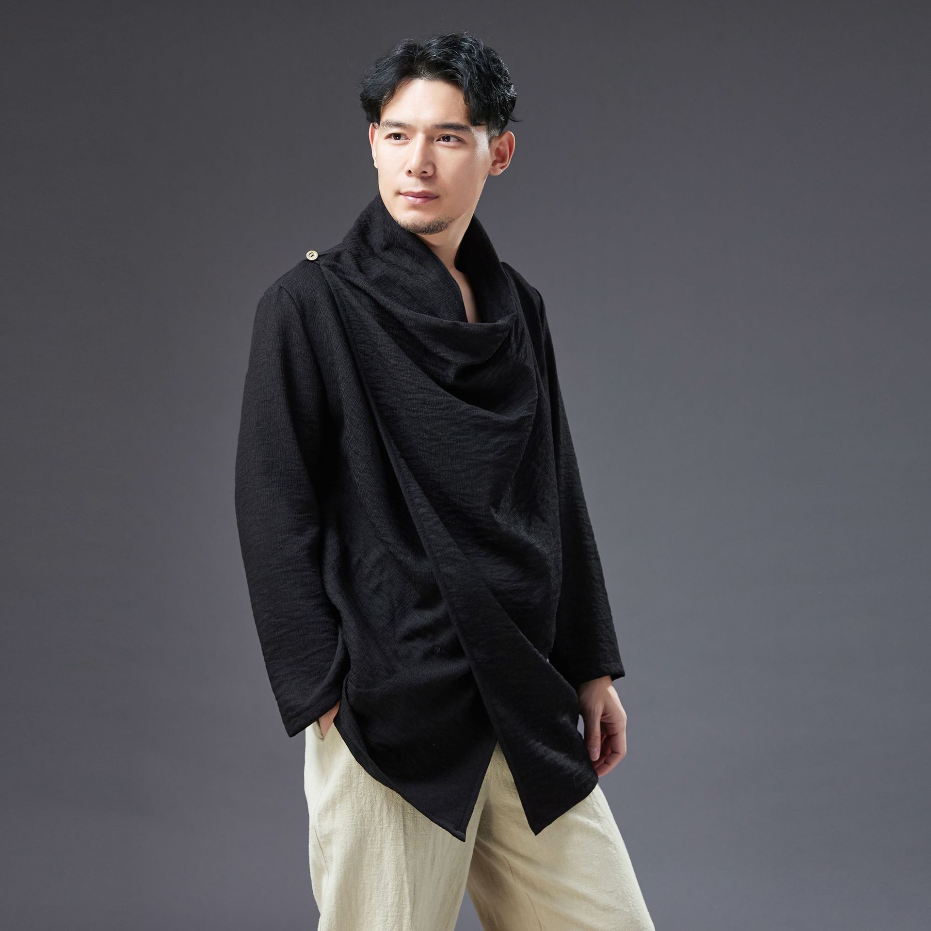 Summer Asian ethnic clothing Traditional Tang Suit Chinese Style Men Tops long sleeve oriental costume Black white causual loose outfit