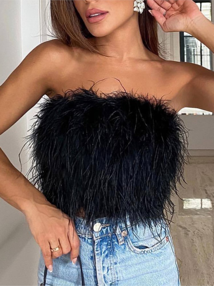 Summer Fashion Women Sexy Fluffy Furry Tube Top Female Trendy Chic All-match Feather Decoration Sleeveless Vest 220316