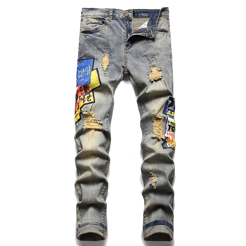 Men's Ripped Patch Printing and Dyeing Jeans Vintage Blue Elastic Slim-fit Pencil Pants Ripped Hole All-match Trousers Pantalons pour hommes, 3168
Men's Ripped Patch Printing and Dyeing Jeans Vintage Blue Elastic Slim-fit Pencil Pants Ripped Hole All-match Trousers Pantalons pour hommes, 3168