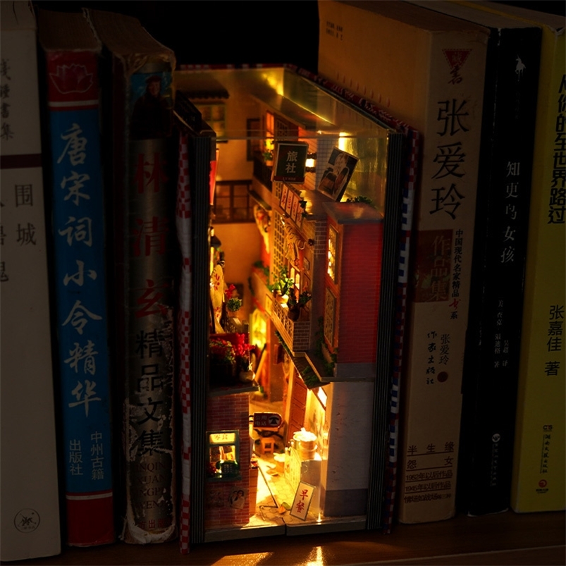 DIY Book Nook Shelf Insert Kits Miniature Dollhouse With Furniture Room Box Time Alley Bookends Japanese Store Toys Kids Gifts 220813