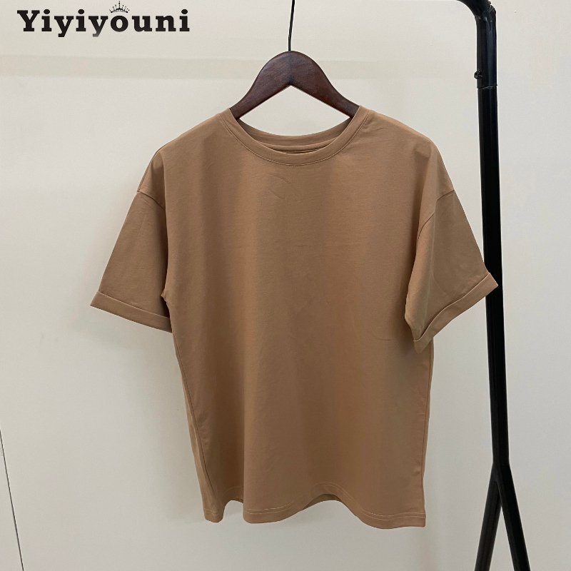 Yiyiyouni Summer Basic Cotton Loose T Shirts Women Solid Harajuku O Neck Short Sleeve Tees Shirt Female Casual Soft Khaki Tops 220321