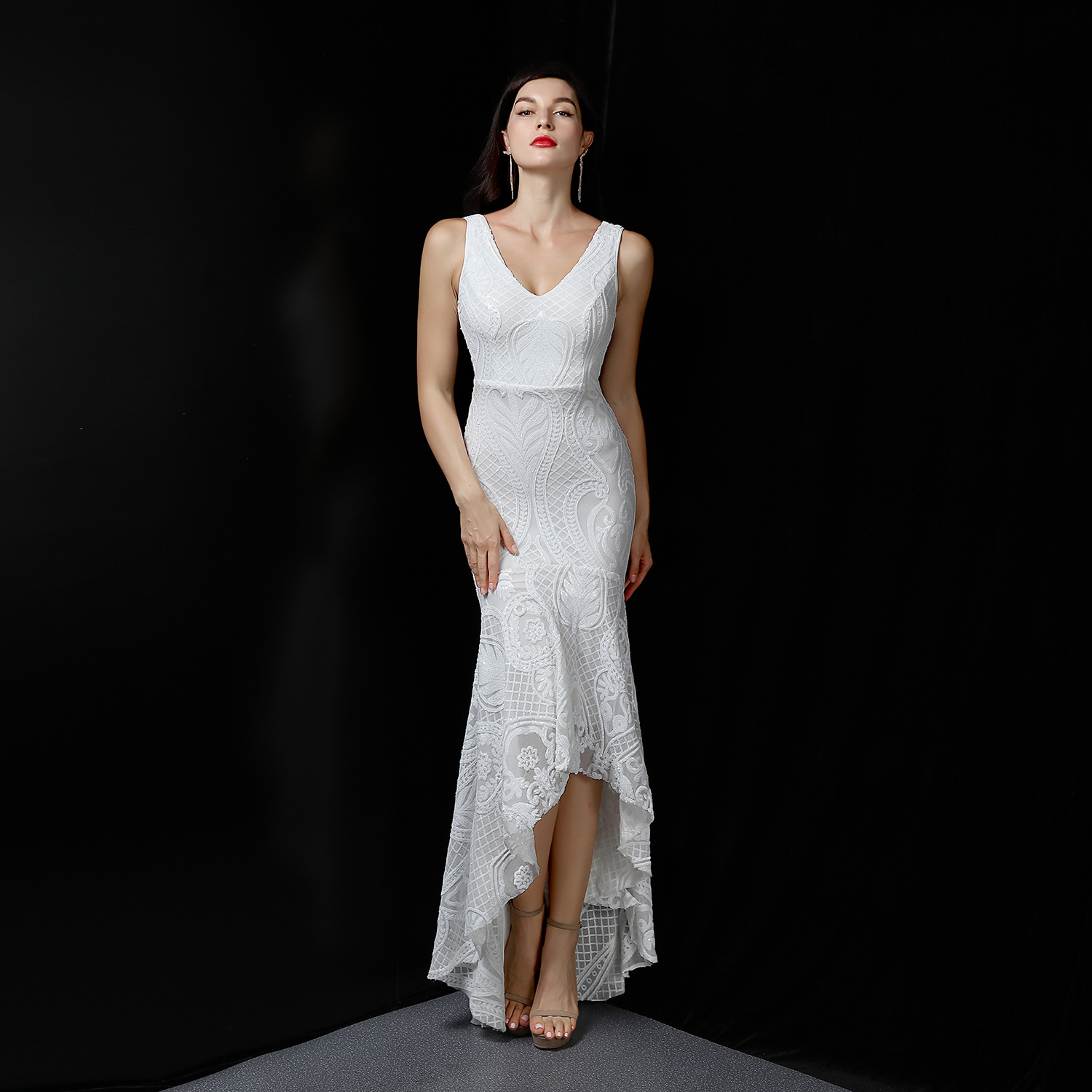 Luxury Mermaid Sequin Evening Dress 2022 V Neck Green White Formal Party Dresses Chic Dinner Prom Gowns Women Vestidos De Noche Robes Soiree Abendklei