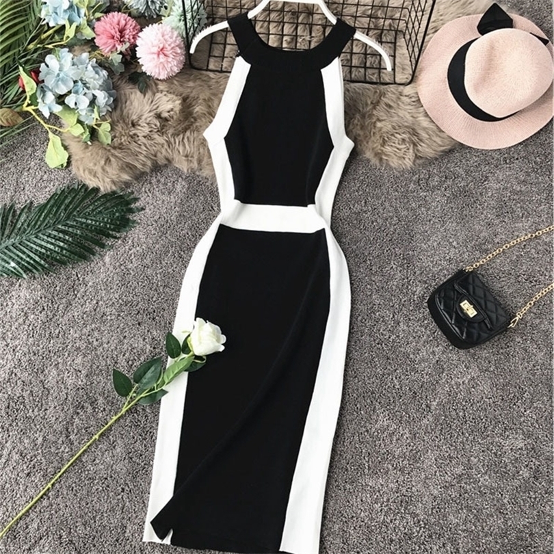 Autumn Office Ladies Fashion Knitted Sheath Halter Neck Knee-length Dress Women Brief Halter Slim One-step Middle Dress T200526