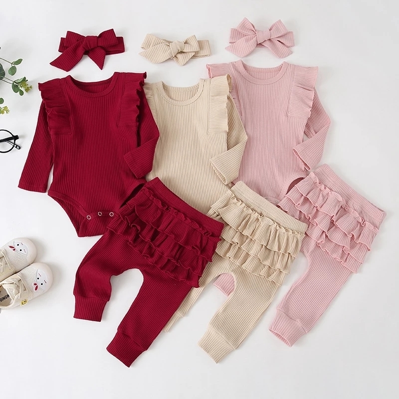 3Pcs Baby Girl Outfit Set born Toddler Girls Clothes Ruffle Heart Print Long Sleeve Romper Bodysuit PantsHeadband Infant 220607