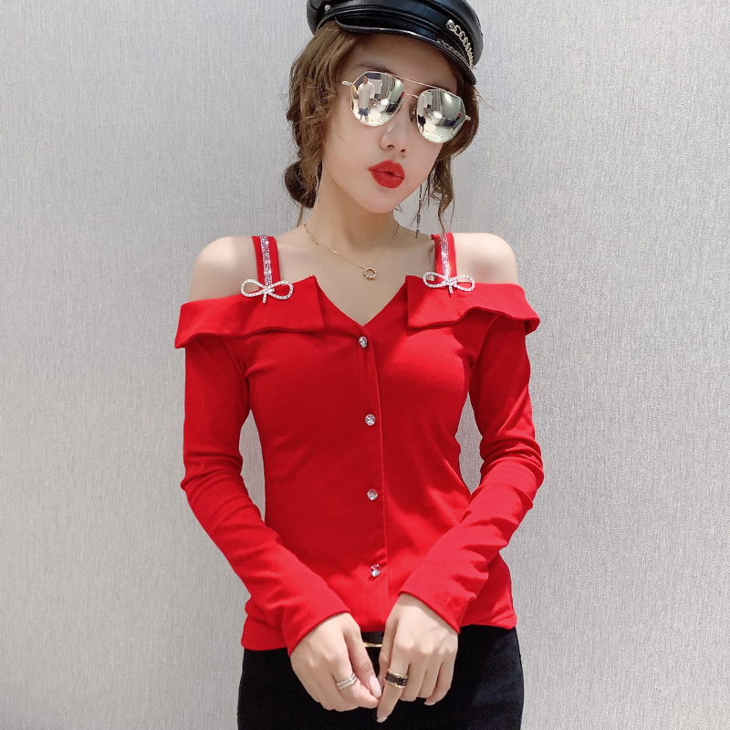 Spring Long Sleeve Women T-shirt Fashion Sexy Off The Shoulder Tshirts Tops Elegant slim Diamond Mujer Camisetas 220328