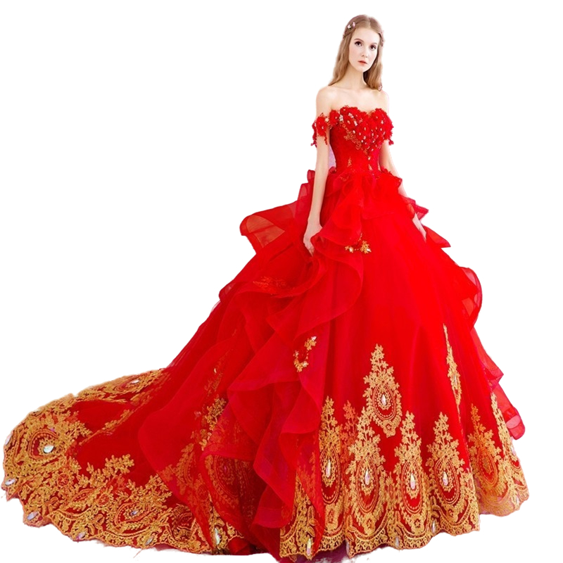 Gothic Red Ball Gown Princess Wedding Dresses with Gold Lace Appliques Crystals Beaded Floral Bridal Gowns Off The Shoulder Vintage vestidos de casame