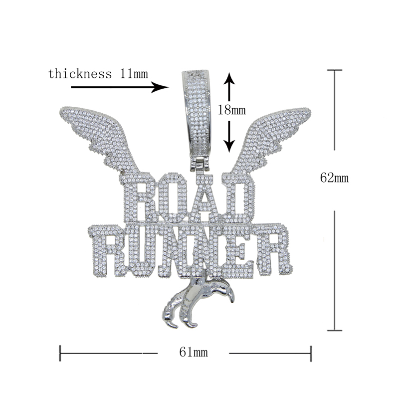 Hip Hop Micro Pave Bg Wings Pendant Necklace with Rope Chain for Men, 5A Cubic Zirconia CZ, Gold & Sier, Fashion Charm Jewelry