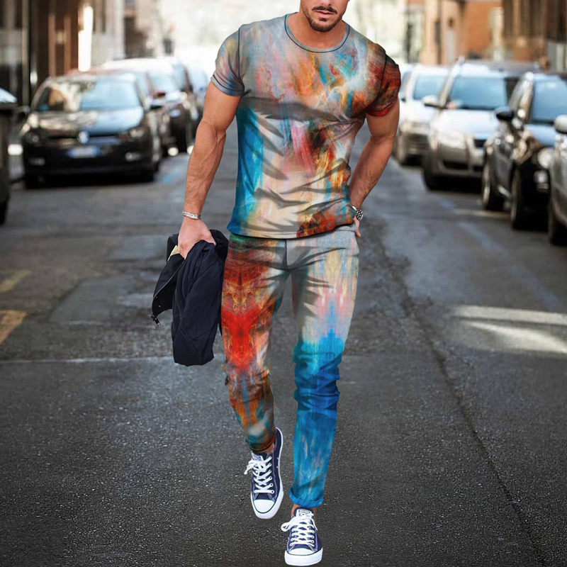 Summer European And American Colorful Gradient Pattern Men s 3d Digital Printing T shirt Trousers Two piece Set 220526