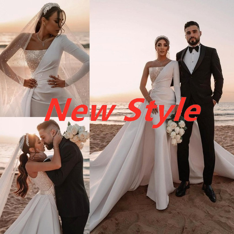 Mermaid Wedding Dresses Summer Ivory Saudi Arabic Dubai Modern Backless Sexy One Shoulder Sequins Long Train Wedding Gowns bc5617