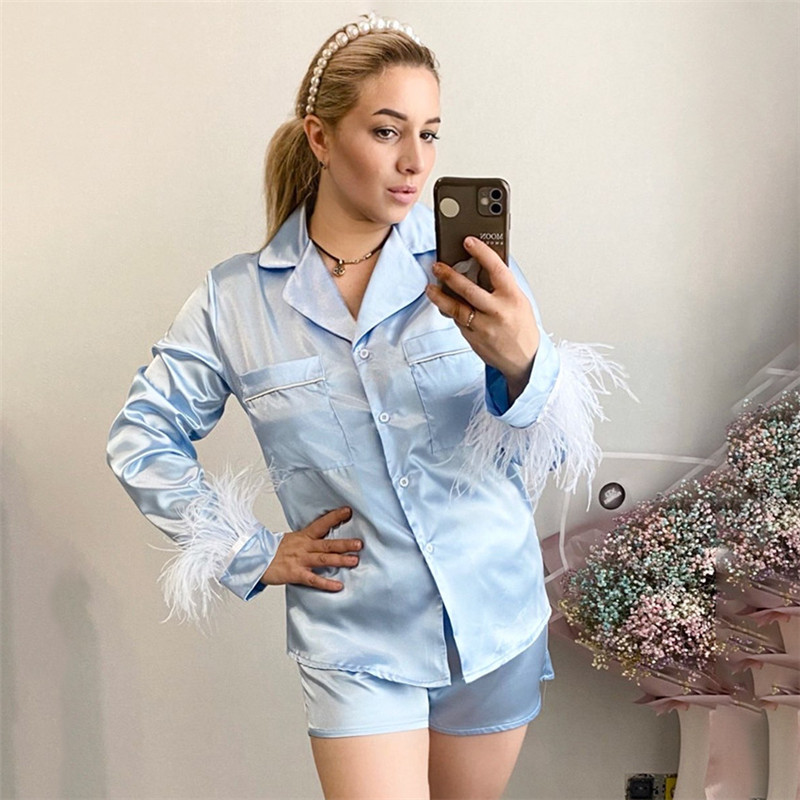 Summer Pajamas Womens Home Clothing Sets Fashion Casual Shirts Shorts Suits Ladies Sleepwear Feather Detachable
Summer Pajamas Womens Home Clothing Sets Fashion Casual Shirts Shorts Suits Ladies Sleepwear Feather Detachable